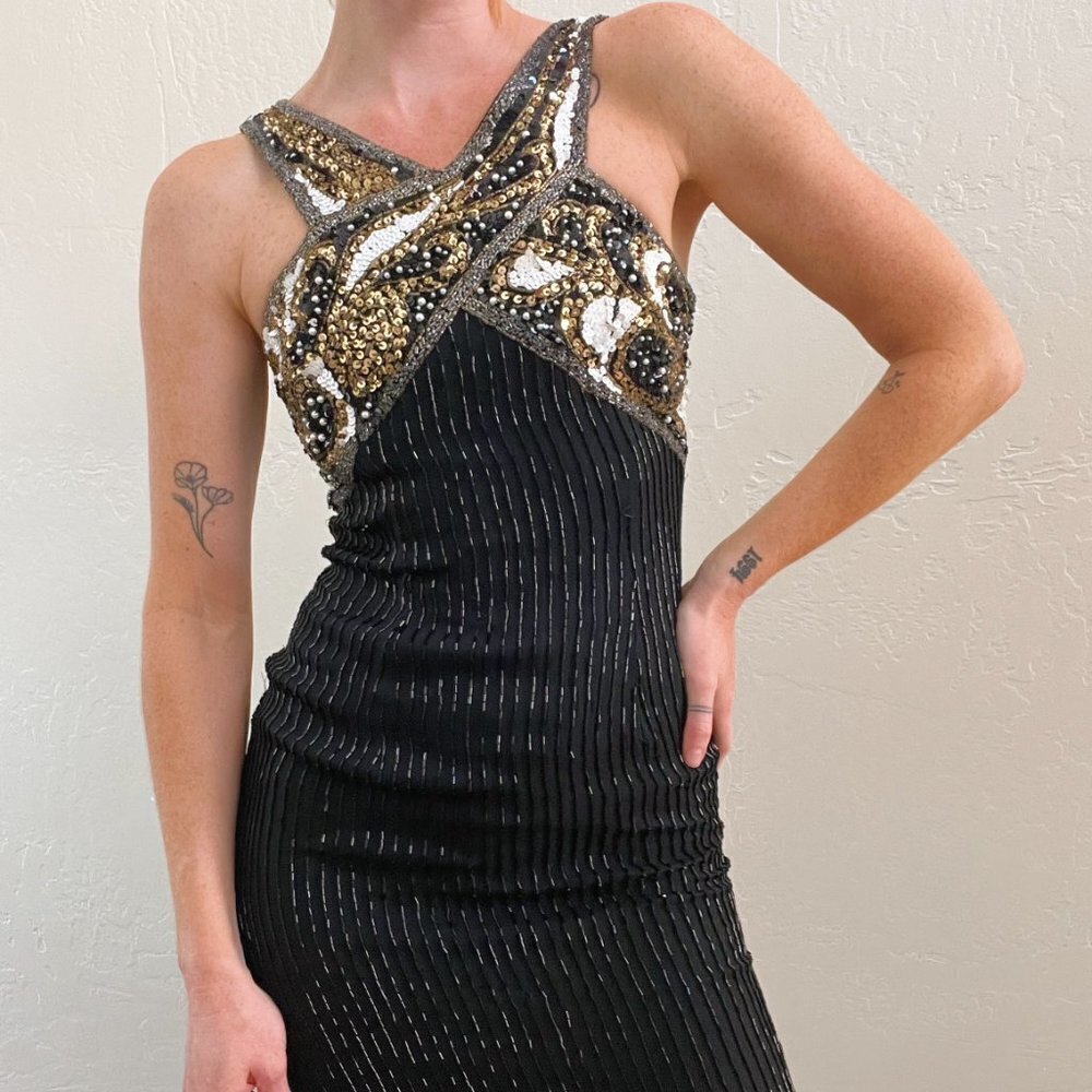 Vintage ~1960's Fully Beaded Black Gold Sleeveless Formal Maxi Gown